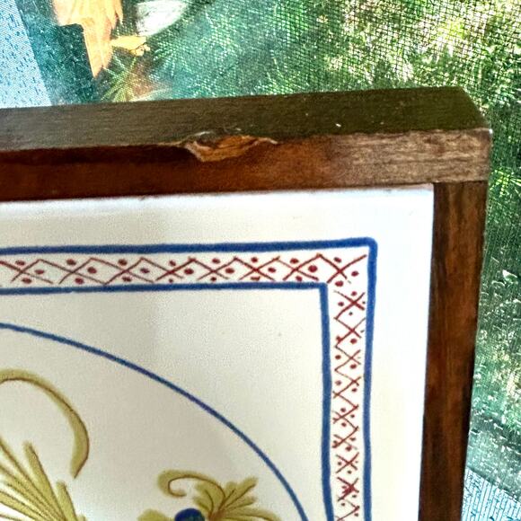 Vintage Semigres Italy Tile Trivet with Wood Frame – Floral Design - Picture 4 of 15